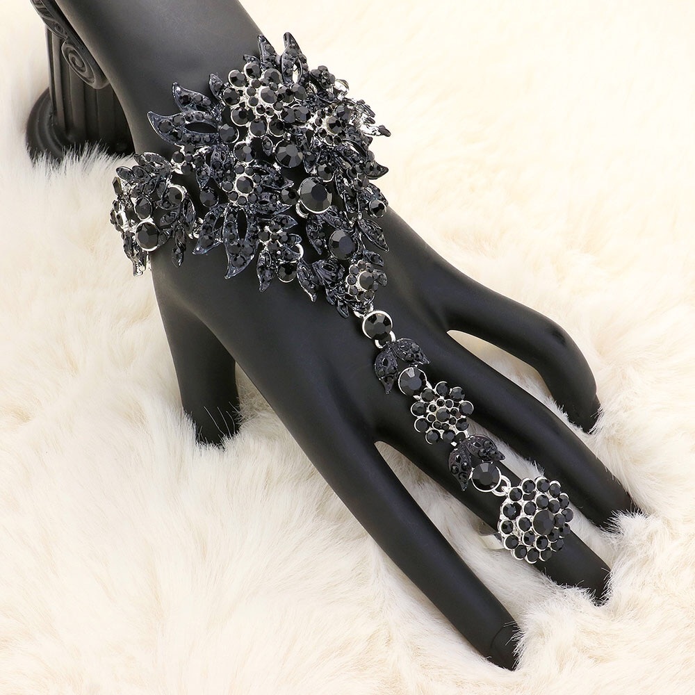 Black Crystal Rhinestone Accented Hand Chain Evening Bracelet